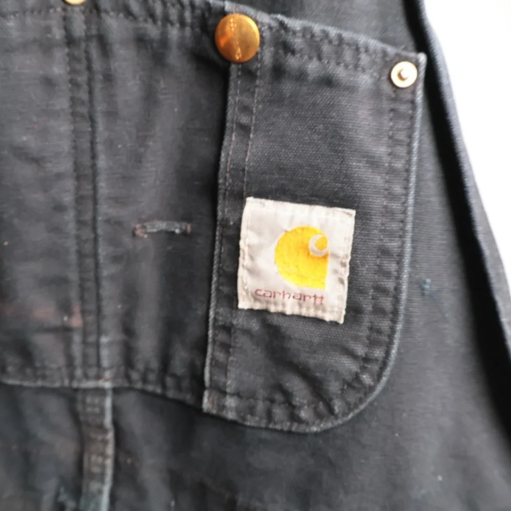 VTG Carhartt Mens Black Duck Bib Overalls Double Knee Work Pants Distressed SEE